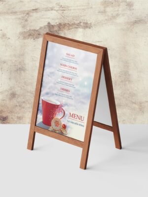 Thiết kế menu standee khung gỗ dựng bên ngoài nhà hàng