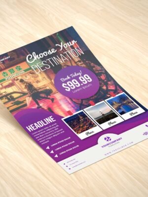 Tờ rơi du lịch với phong cách màu tím, khổ A5 in màu 2 mặt