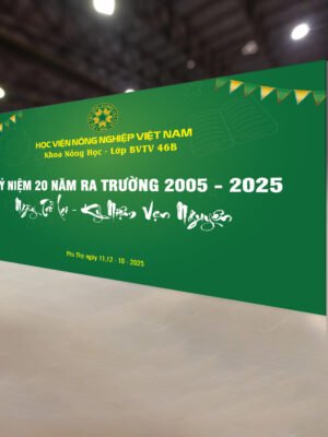 Thiết kế backdrop sự kiện kỷ niệm 20 năm ngày ra trường học viện Nông nghiệp màu xanh