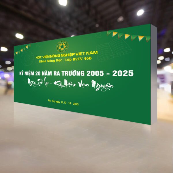 Thiết kế backdrop sự kiện kỷ niệm 20 năm ngày ra trường học viện Nông nghiệp màu xanh